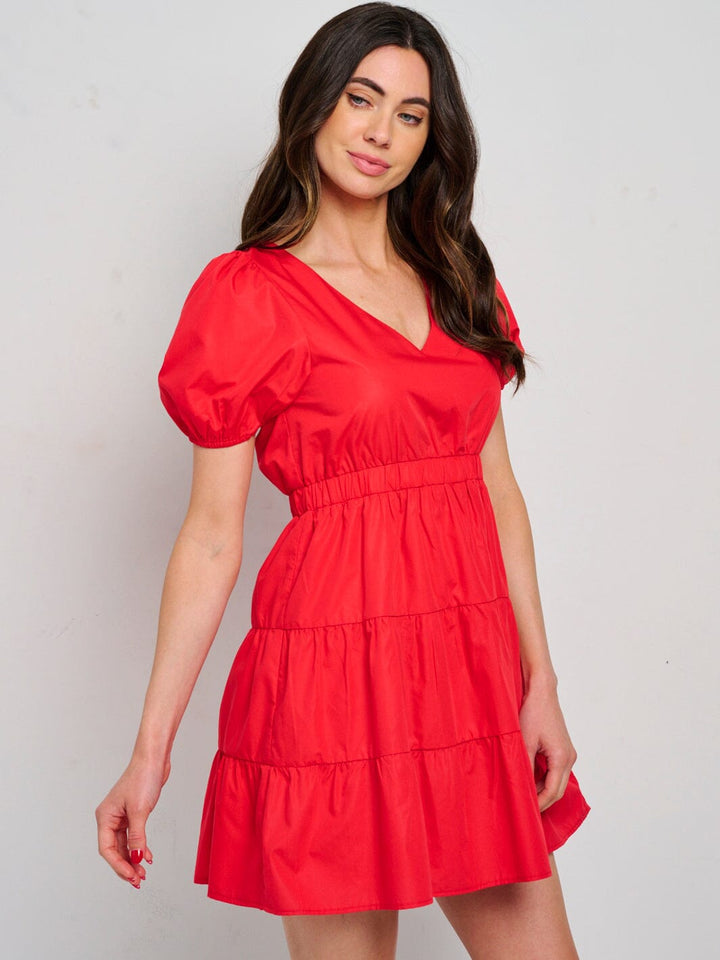 WOMEN'S SHORT SLEEVE V-NECK BACK TIE TIERED MINI DRESS