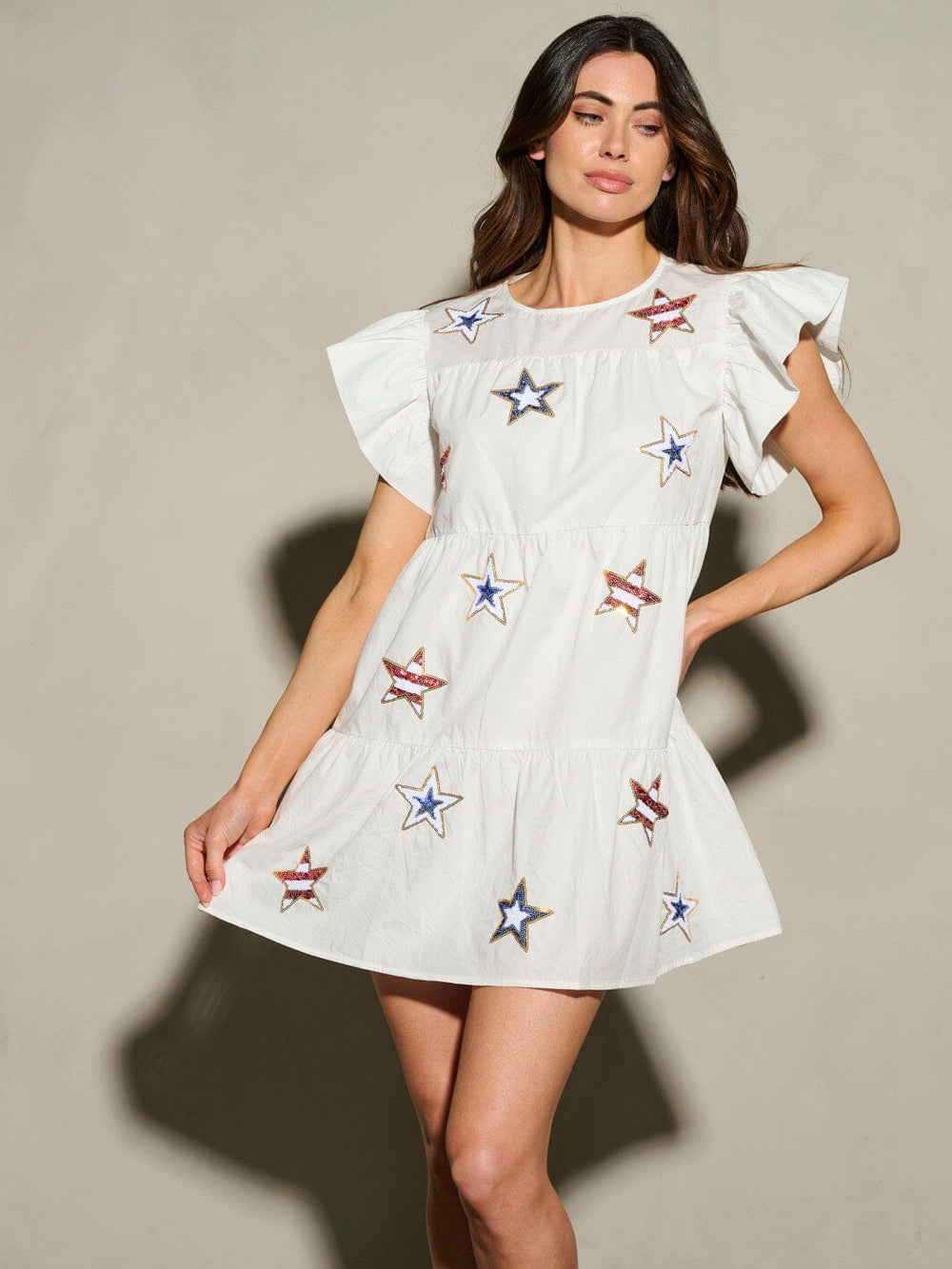 WOMEN'S RUFFLE SLEEVE TIERED TUNIC SEQUINS STARS MINI DRESS