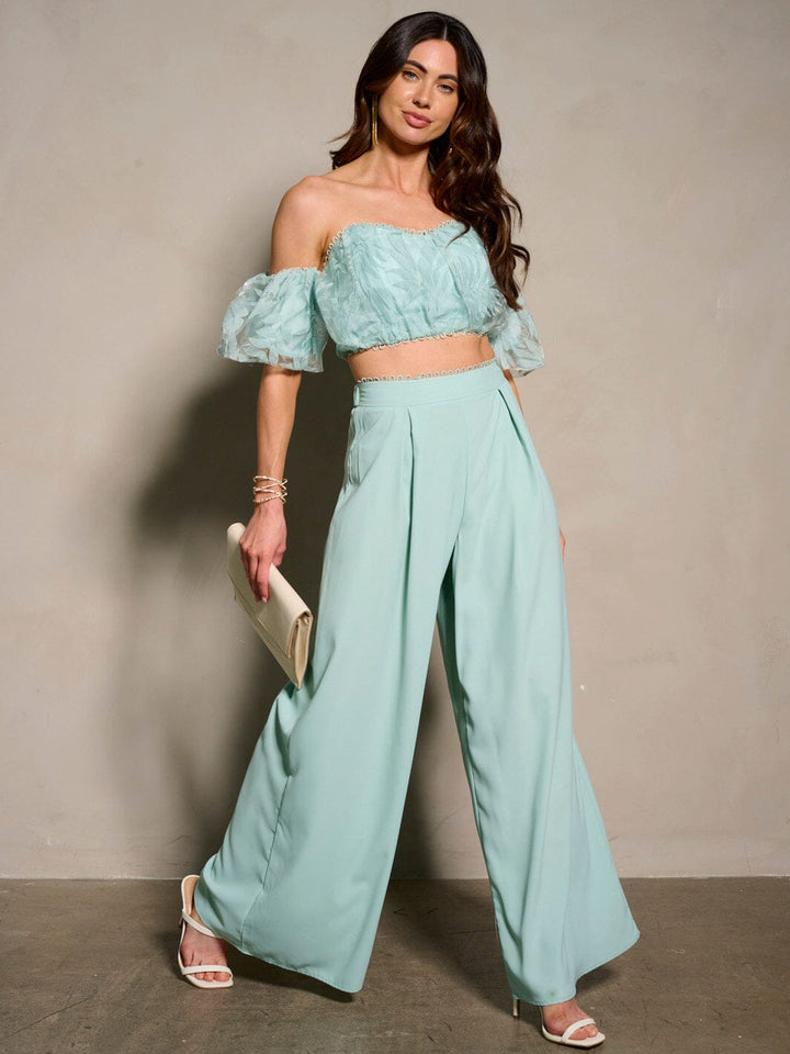 WOMEN'S SHORT SLEEVE CROP TOP & PLEATED PANTS 2PC. SET