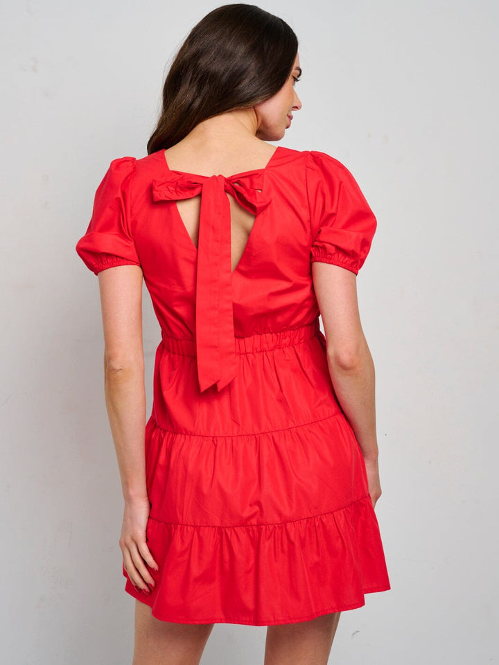 WOMEN'S SHORT SLEEVE V-NECK BACK TIE TIERED MINI DRESS