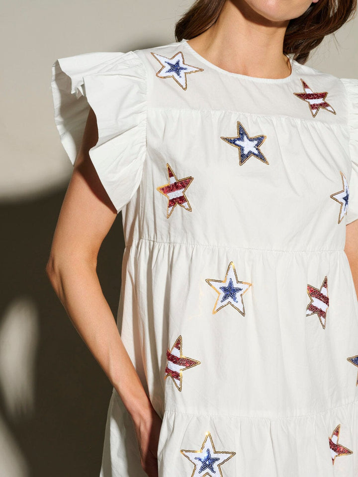 WOMEN'S RUFFLE SLEEVE TIERED TUNIC SEQUINS STARS MINI DRESS