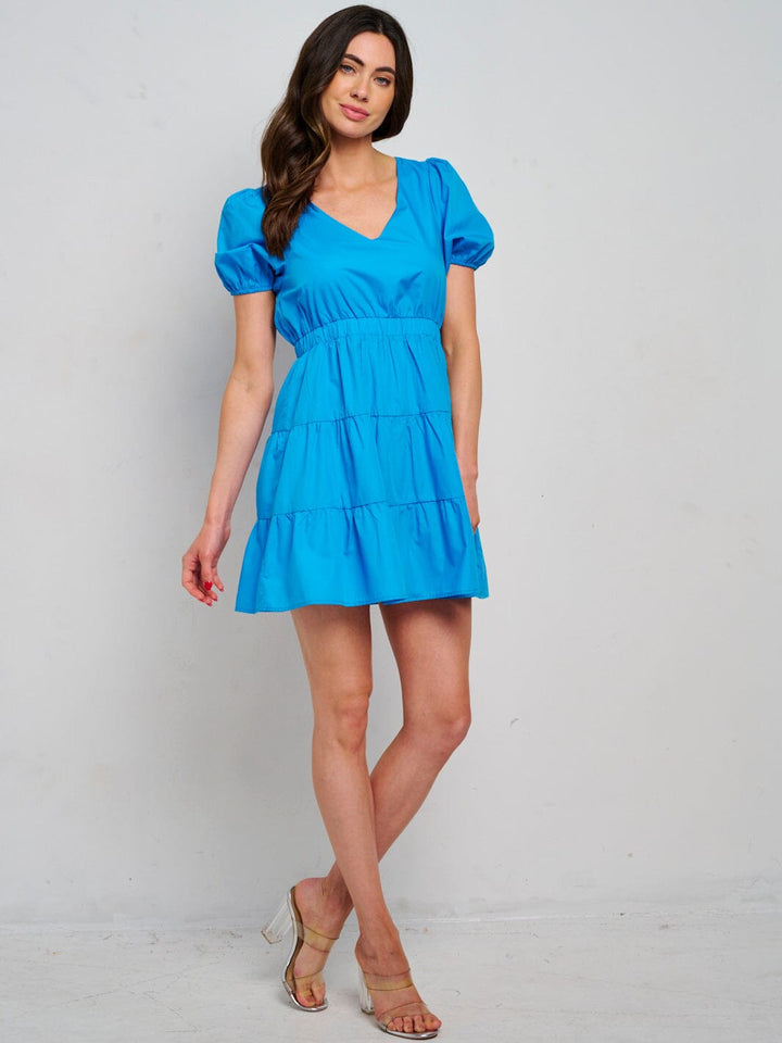 WOMEN'S SHORT SLEEVE V-NECK BACK TIE TIERED MINI DRESS