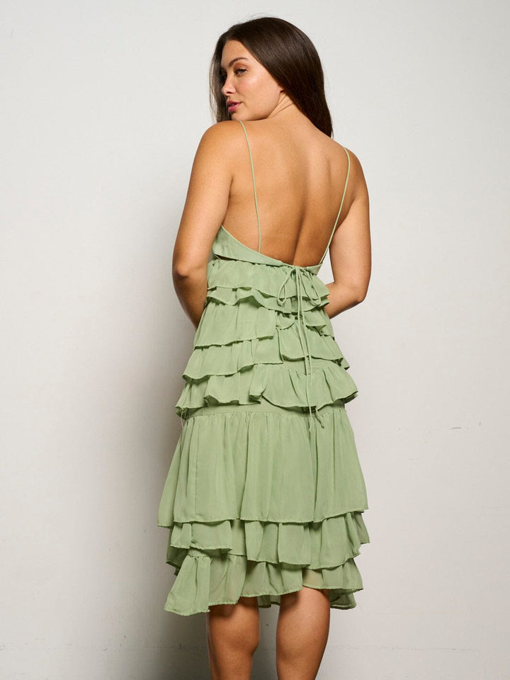 WOMEN'S SLEEVELESS OPEN BACK V-NECK RUFFLE TIERED MIDI DRESS