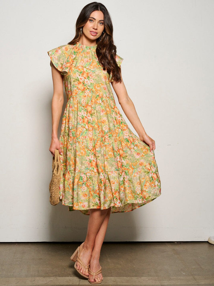 WOMEN'S RUFFLE SLEEVE MOCK NECK POCKETS FLORAL MIDI DRESS