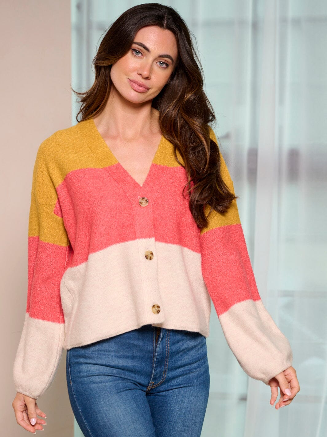 WOMEN'S LONG SLEEVE BUTTON UP COLORBLOCK SWEATER CARDIGAN
