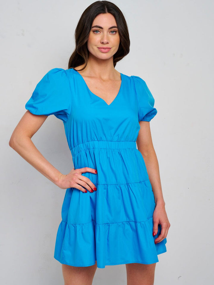 WOMEN'S SHORT SLEEVE V-NECK BACK TIE TIERED MINI DRESS