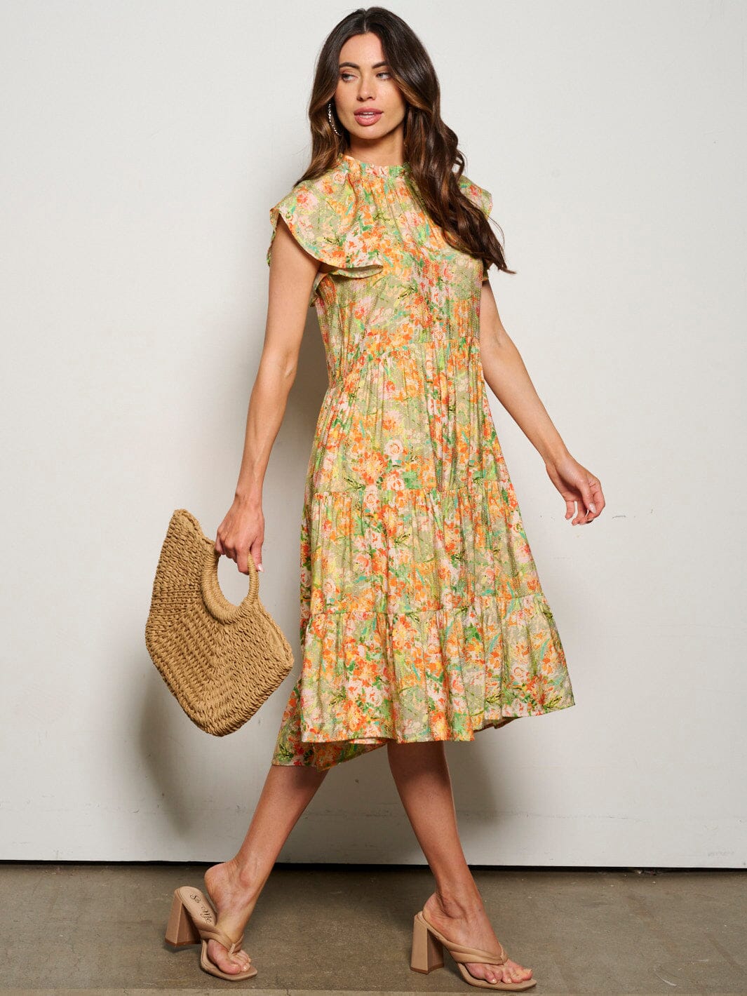 WOMEN'S RUFFLE SLEEVE MOCK NECK POCKETS FLORAL MIDI DRESS