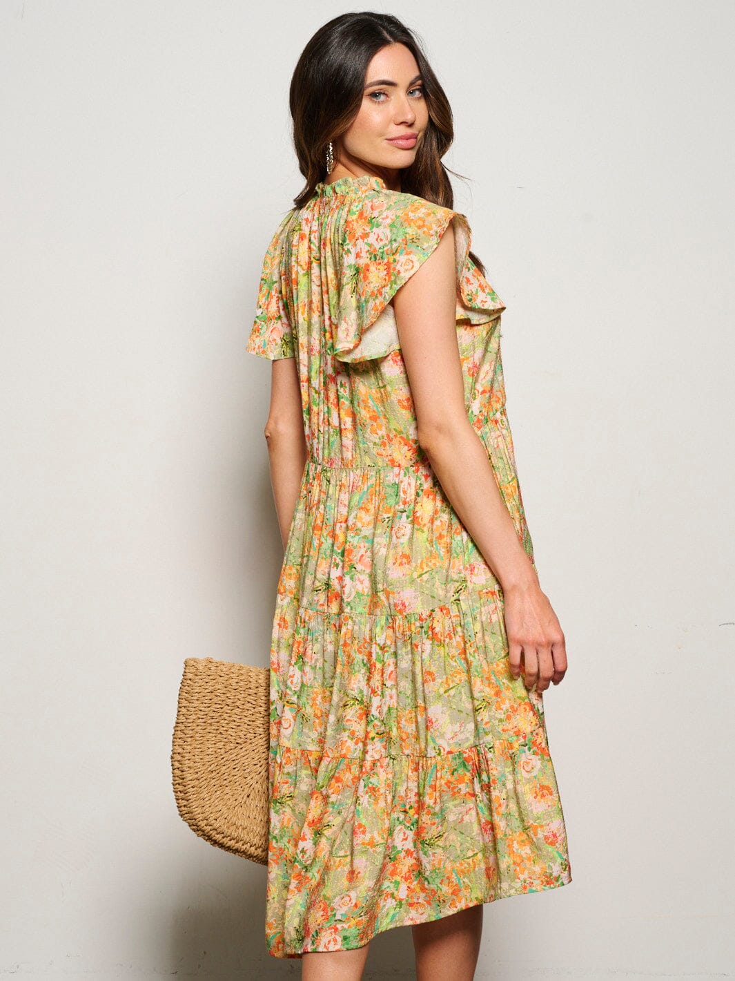 WOMEN'S RUFFLE SLEEVE MOCK NECK POCKETS FLORAL MIDI DRESS