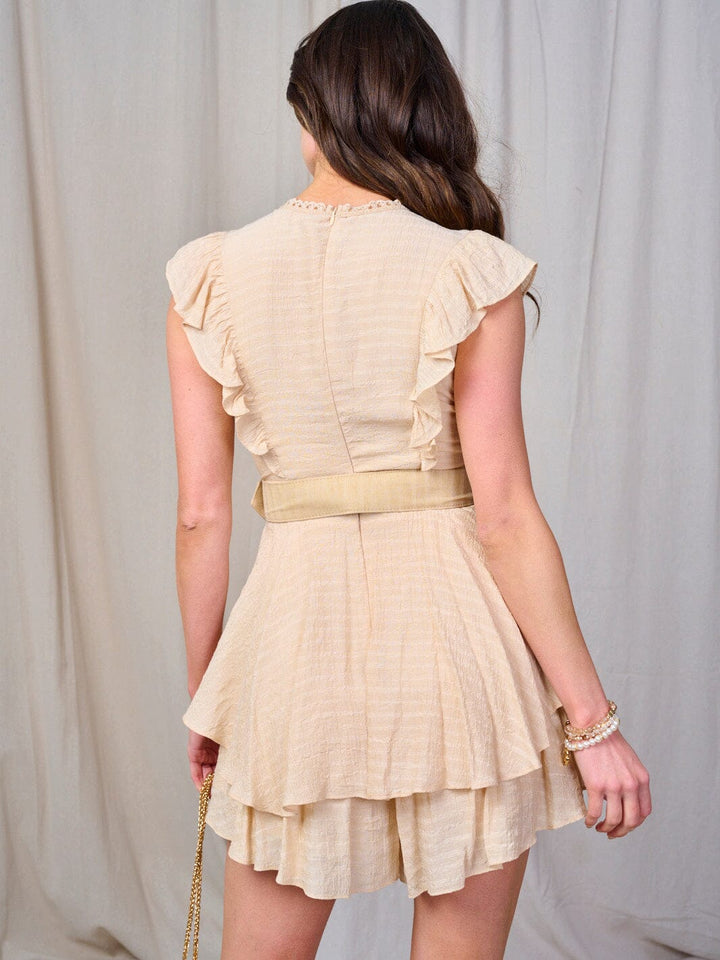 WOMEN'S SLEEVELESS FRONT BELT RUFFLE TIERED ROMPER