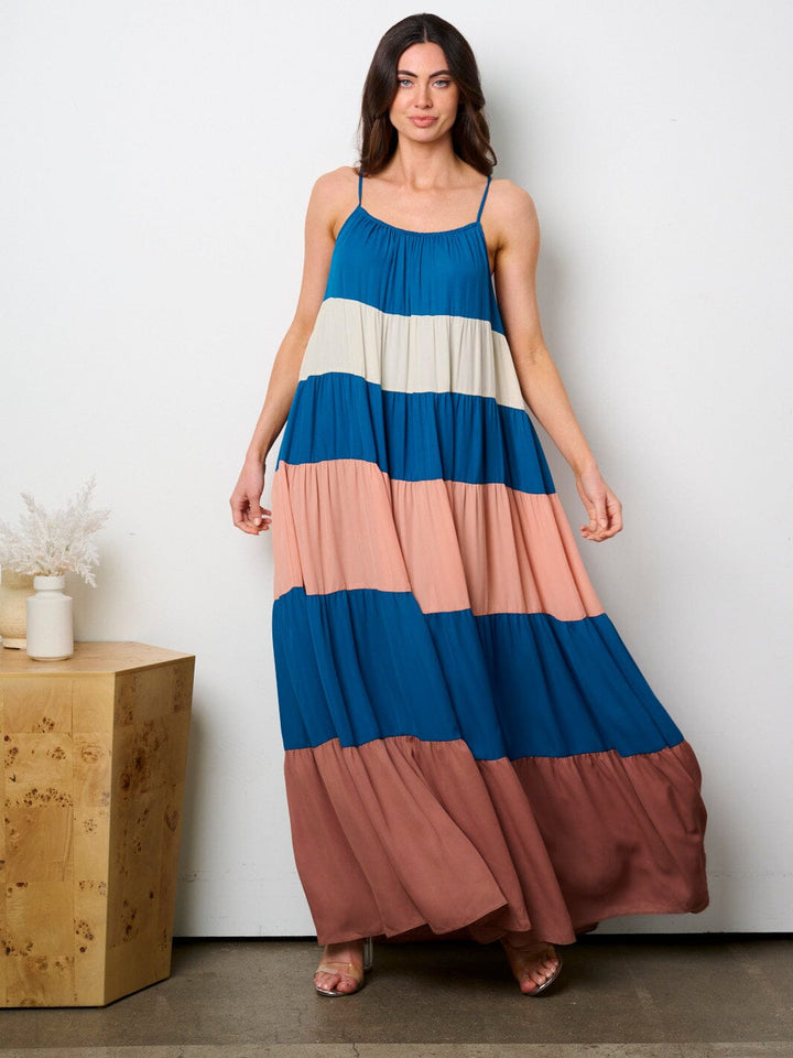 WOMEN'S SLEEVELESS COLORBLOCK TUNIC TIERED MAXI DRESS