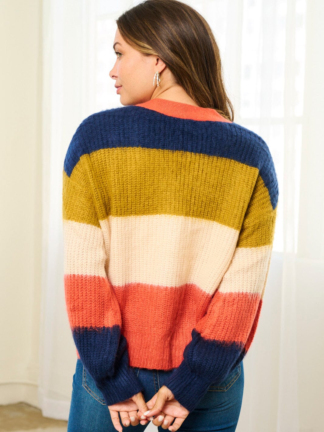 WOMEN'S LONG SLEEVE COLORBLOCK STRIPES BUTTON UP CARDIGAN SWEATER