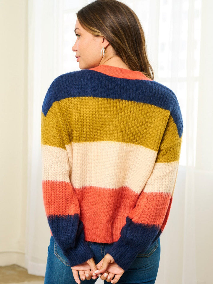 WOMEN'S LONG SLEEVE COLORBLOCK STRIPES BUTTON UP CARDIGAN SWEATER