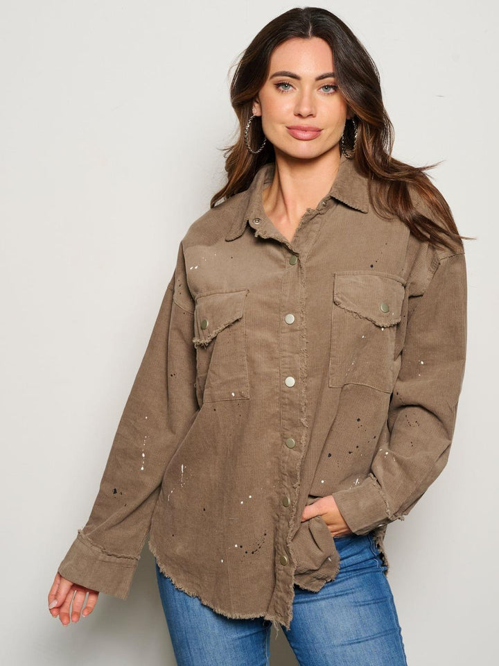 WOMEN'S LONG SLEEVE BUTTON CLOSURE PAINT SPLATTER CORDUROY TOP