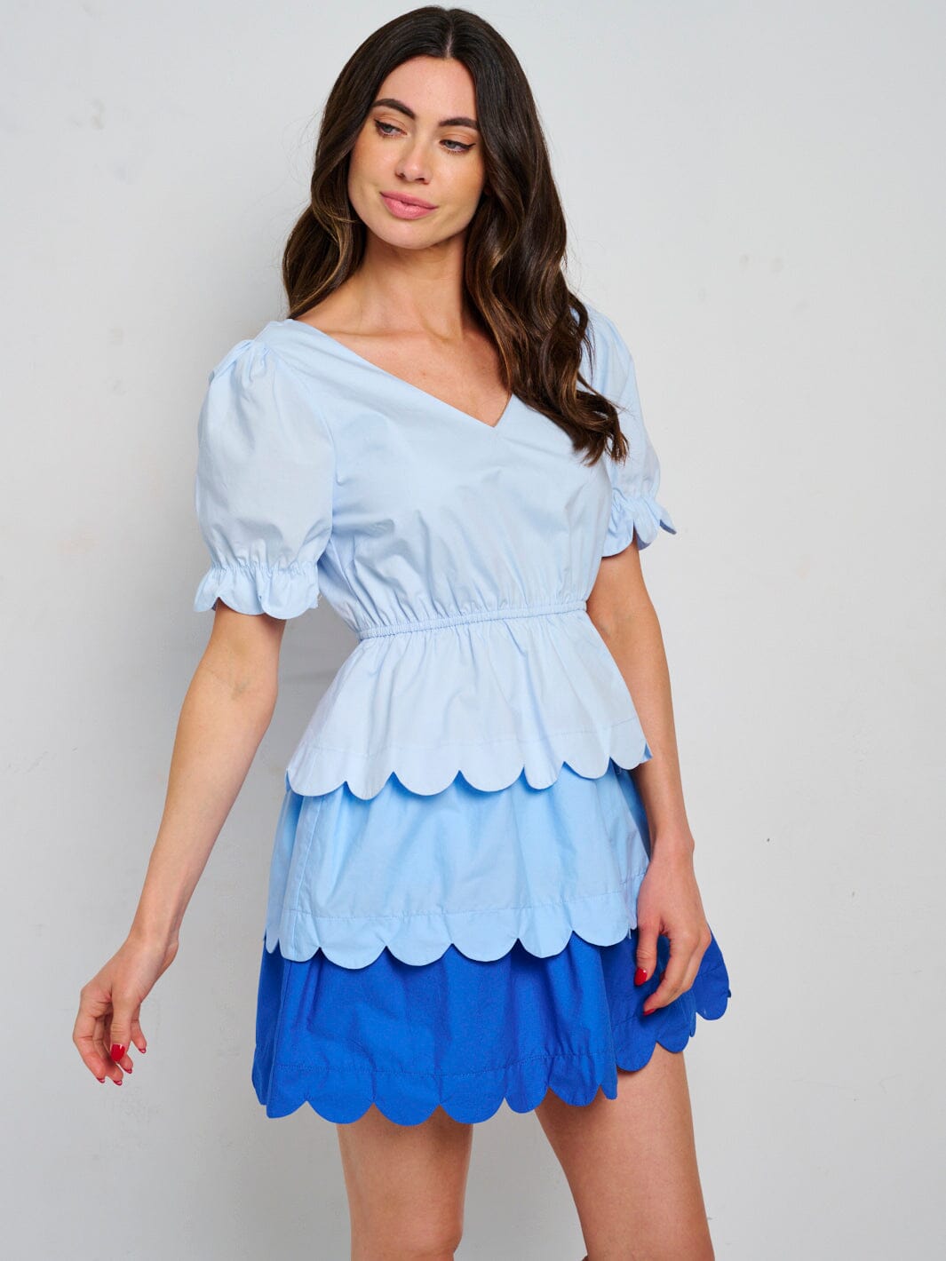 WOMEN'S SHORT SLEEVE V-NECK RUFFLE TIERED COLORBLOCK MINI DRESS