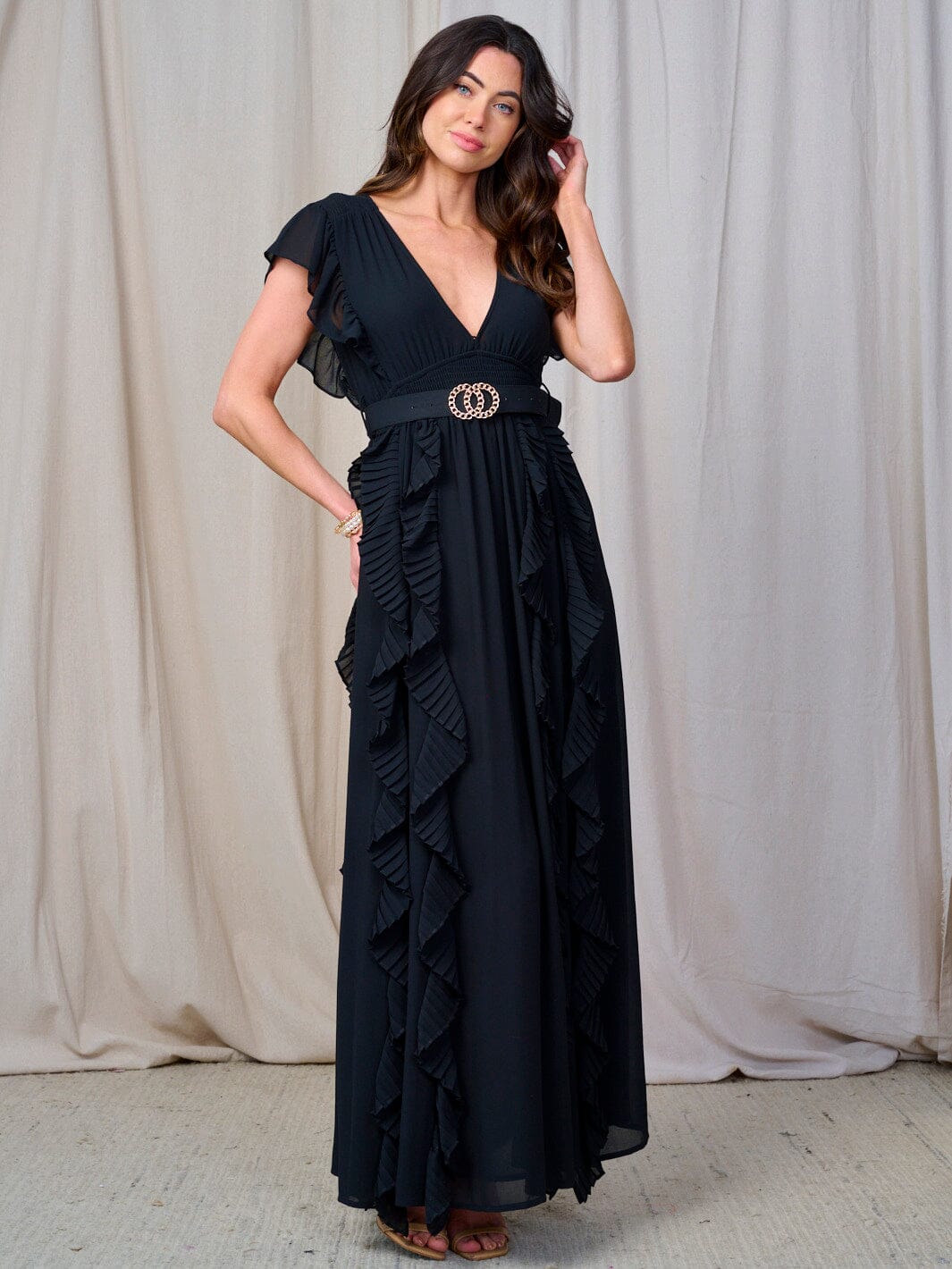 WOMEN'S RUFFLE SLEEVE V-NECK SMOCK BELTED MAXI DRESS
