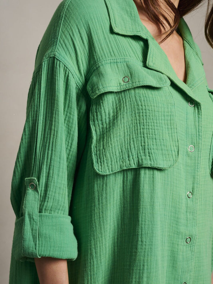 WOMEN'S LONG SLEEVE BUTTON UP TUNIC POCKETS WASHED MINI DRESS