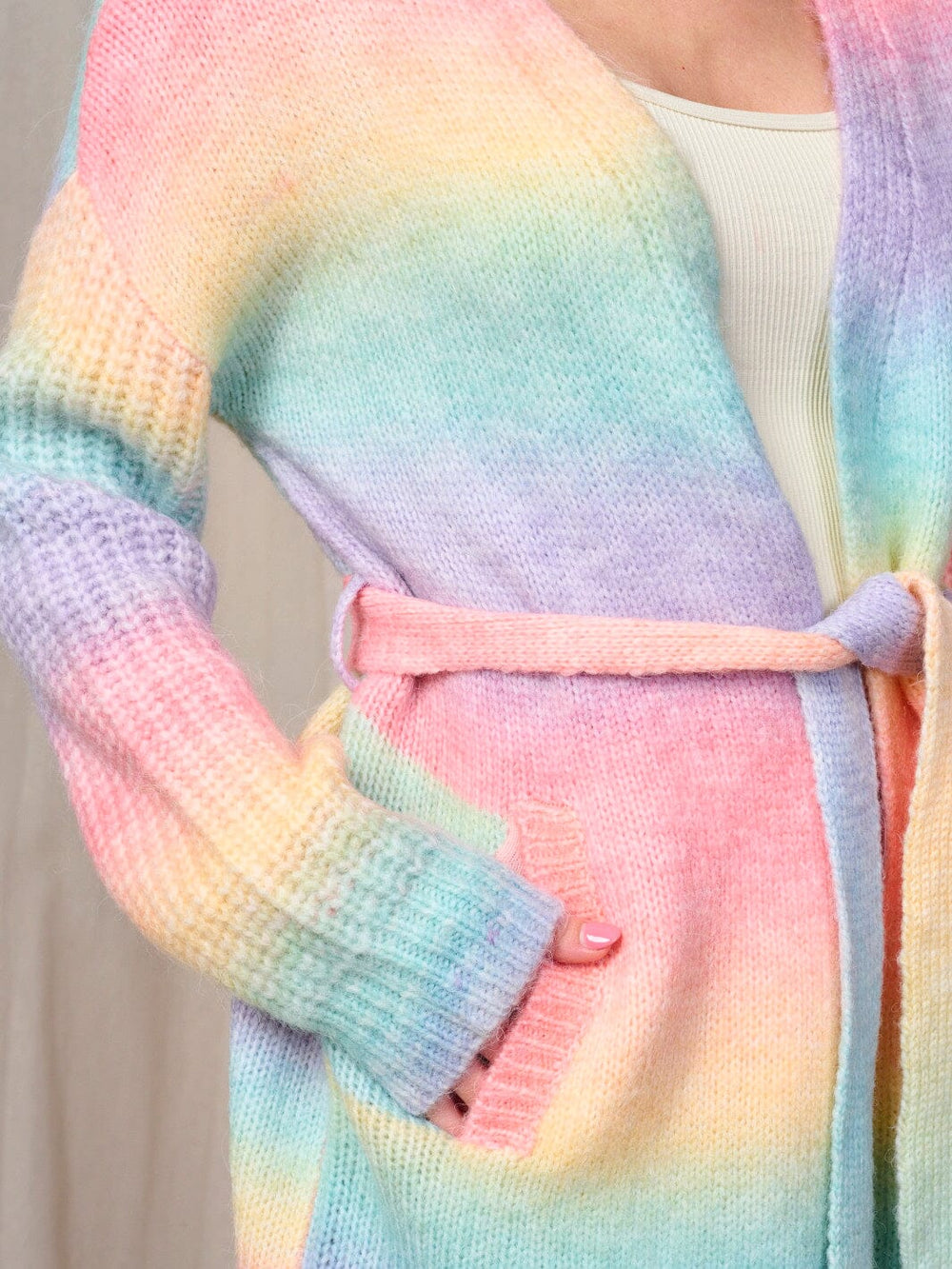 WOMEN'S LONG SLEEVE OPEN FRONT SELF TIE POCKETS COLORBLOCK CARDIGAN