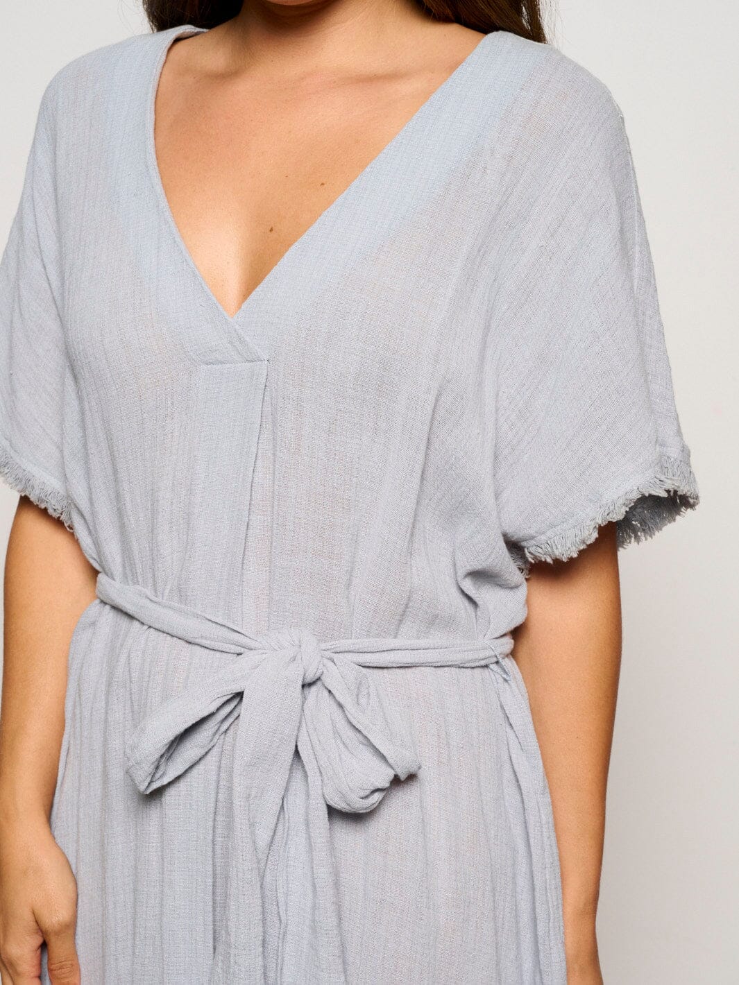 WOMEN'S SHORT SLEEVE V-NECK SELF TIE TUNIC MIDI DRESS