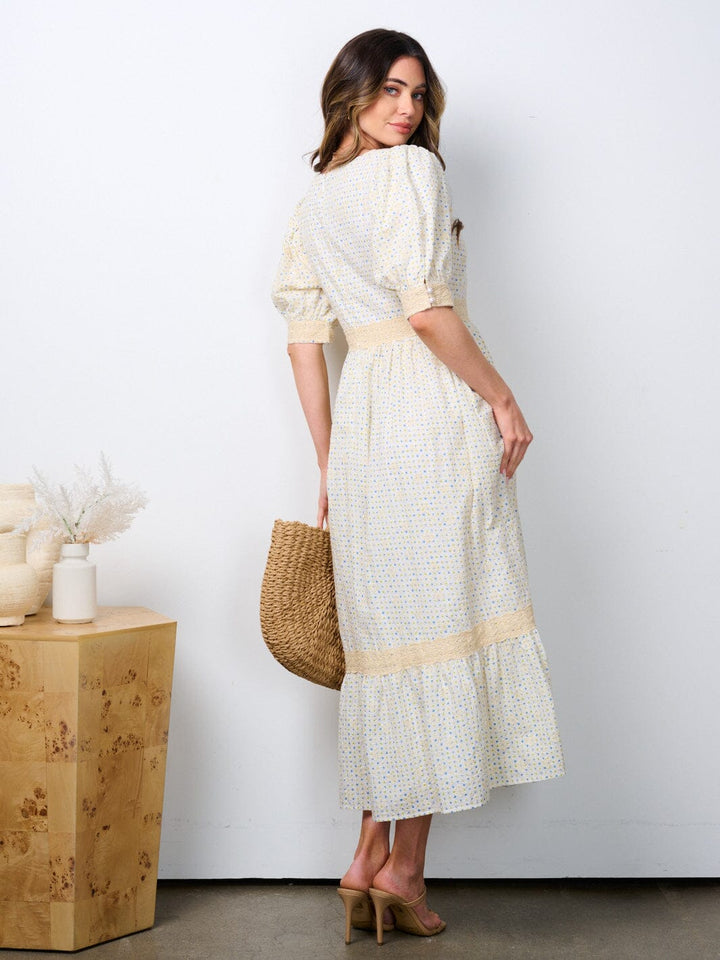 WOMEN'S SHORT PUFF SLEEVE TRIM DETAILED PRINTED MAXI DRESS