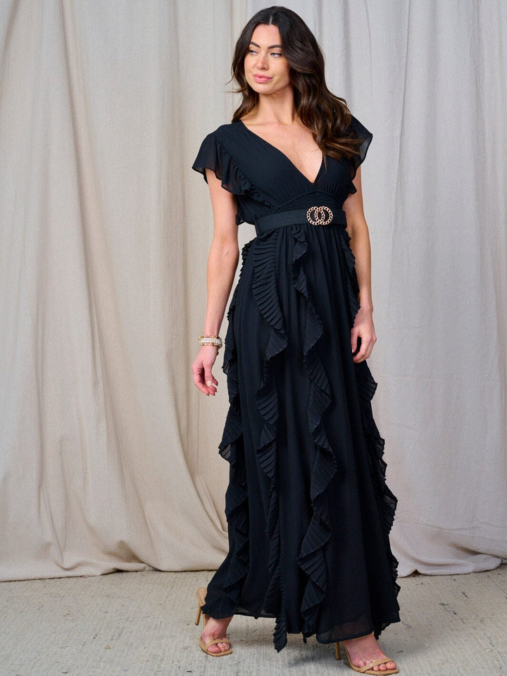 WOMEN'S RUFFLE SLEEVE V-NECK SMOCK BELTED MAXI DRESS