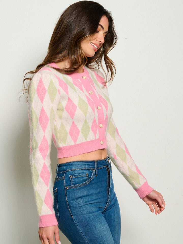 WOMEN'S LONG SLEEVE BUTTON UP MULTI PRINT SWEATER