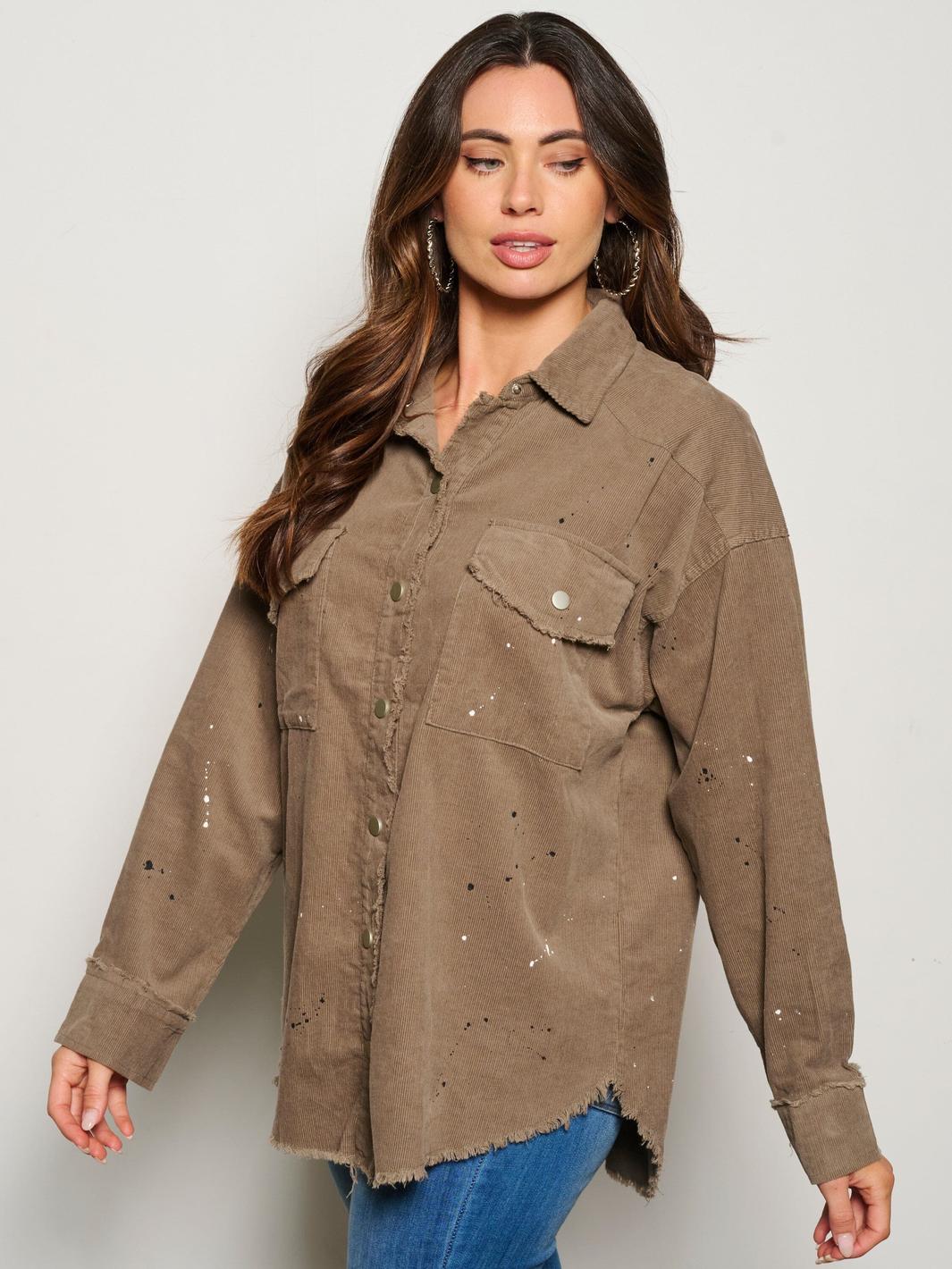 WOMEN'S LONG SLEEVE BUTTON CLOSURE PAINT SPLATTER CORDUROY TOP