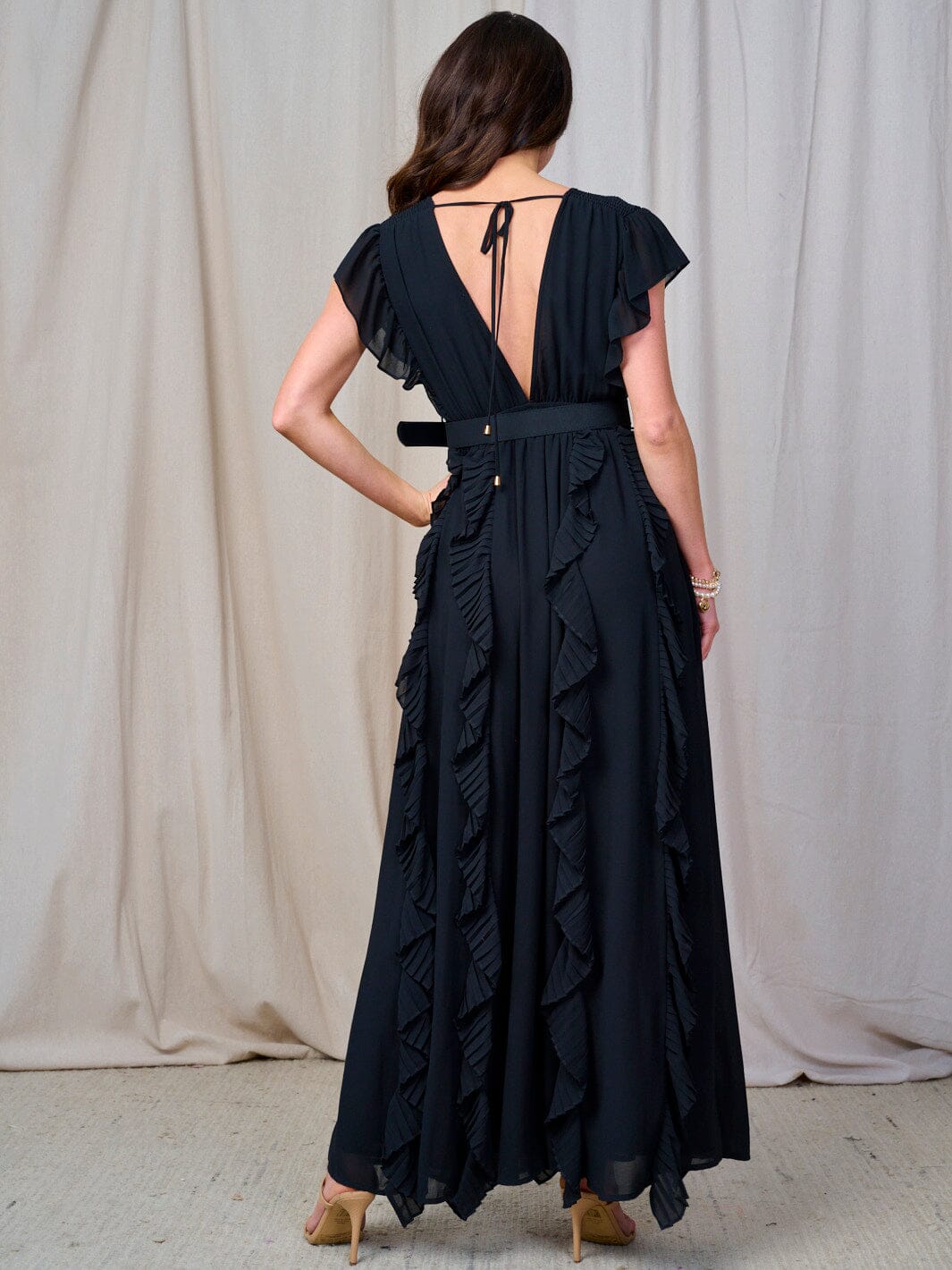WOMEN'S RUFFLE SLEEVE V-NECK SMOCK BELTED MAXI DRESS
