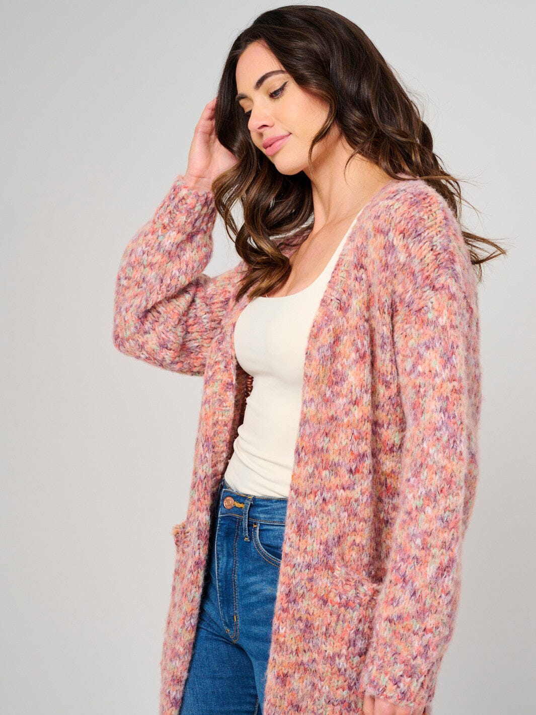 WOMEN'S LONG SLEEVE OPEN FRONT POCKETS MULTI KINT CARDIGAN