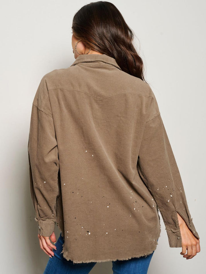 WOMEN'S LONG SLEEVE BUTTON CLOSURE PAINT SPLATTER CORDUROY TOP