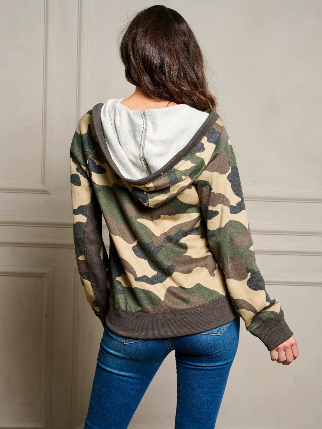 WOMEN'S LONG SLEEVE ZIP UP POCKETS HOODIE CAMO PRINT JACKET