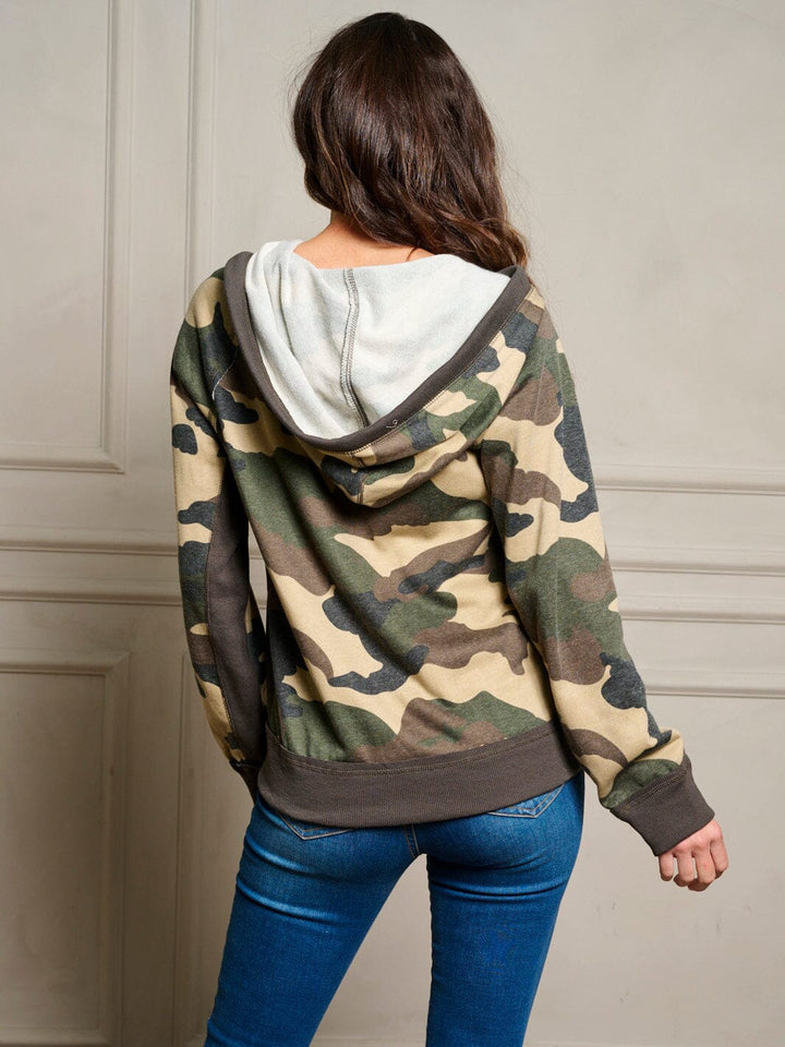 WOMEN'S LONG SLEEVE ZIP UP POCKETS HOODIE CAMO PRINT JACKET