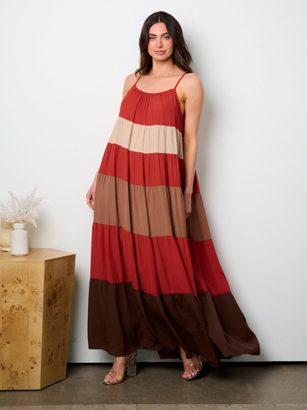 WOMEN'S SLEEVELESS COLORBLOCK TUNIC TIERED MAXI DRESS