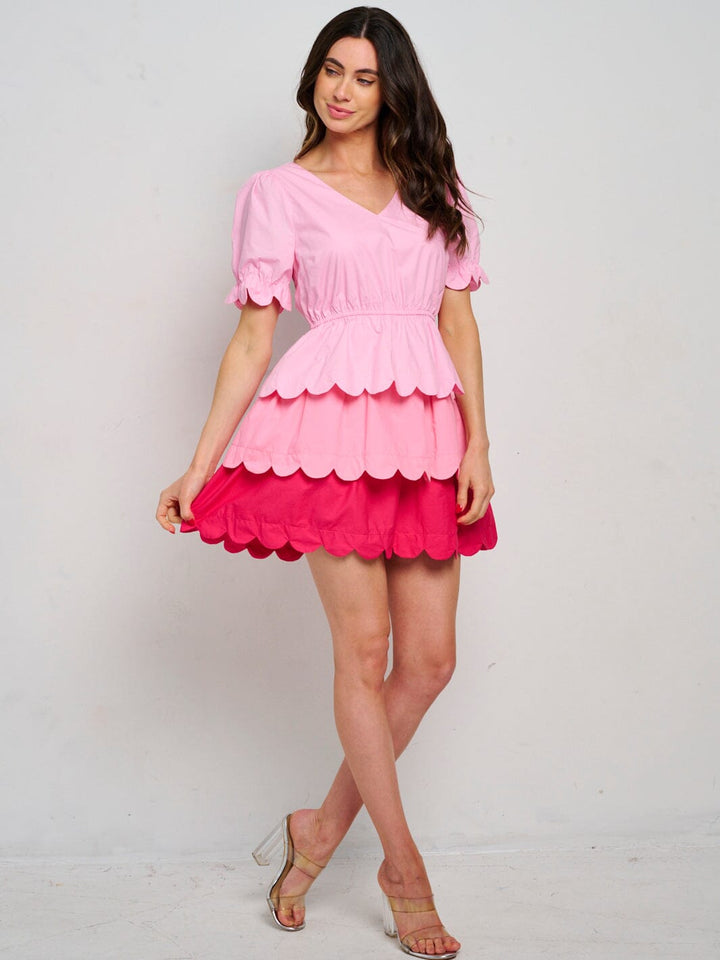 WOMEN'S SHORT SLEEVE V-NECK RUFFLE TIERED COLORBLOCK MINI DRESS