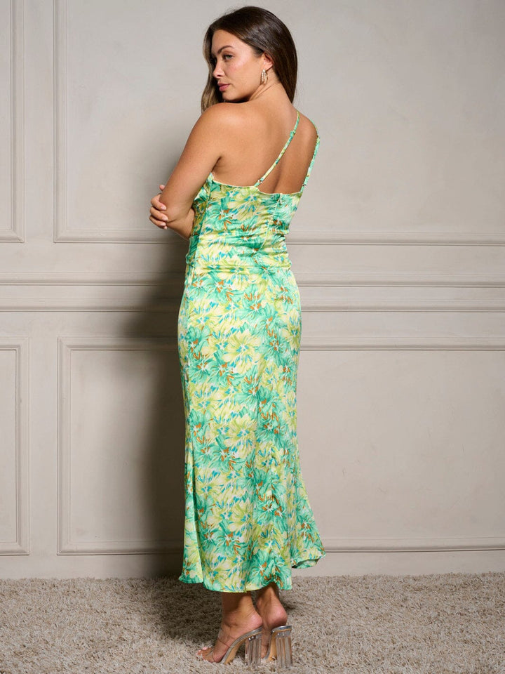 WOMEN'S SLEEVELESS ONE SHOULDER FRONT KNOT FLORAL MAXI DRESS