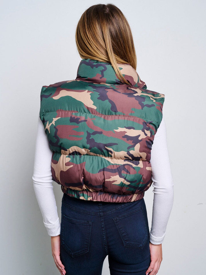 WOMEN'S SLEEVELESS ZIP UP FRONT POCKETS CAMO PRINT PUFFER VEST