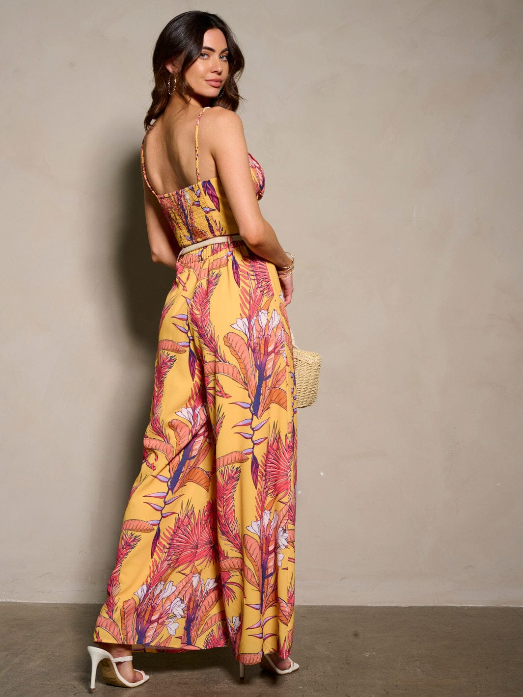 WOMEN'S SLEEVELESS CROP TOP & BELTED PANTS LEAF PRINT 2PC. SET