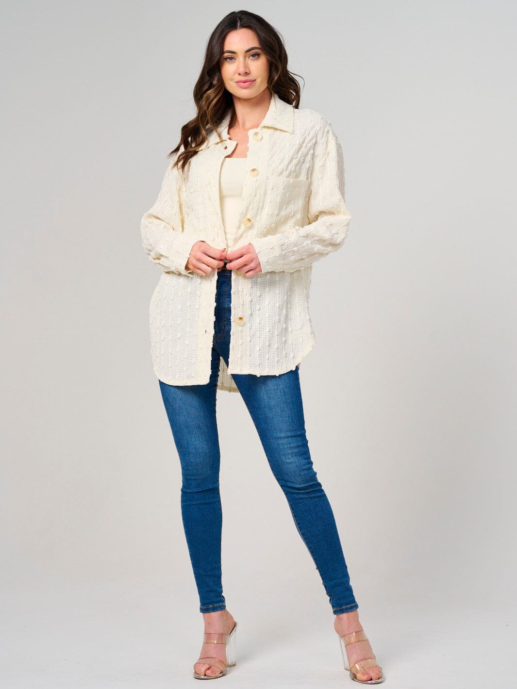 WOMEN'S LONG SLEEVE BUTTON UP SWISS DETAILED OVERSIZED TOP