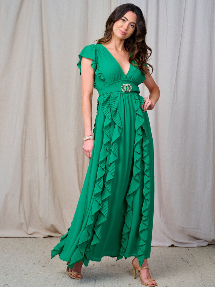 WOMEN'S RUFFLE SLEEVE V-NECK SMOCK BELTED MAXI DRESS