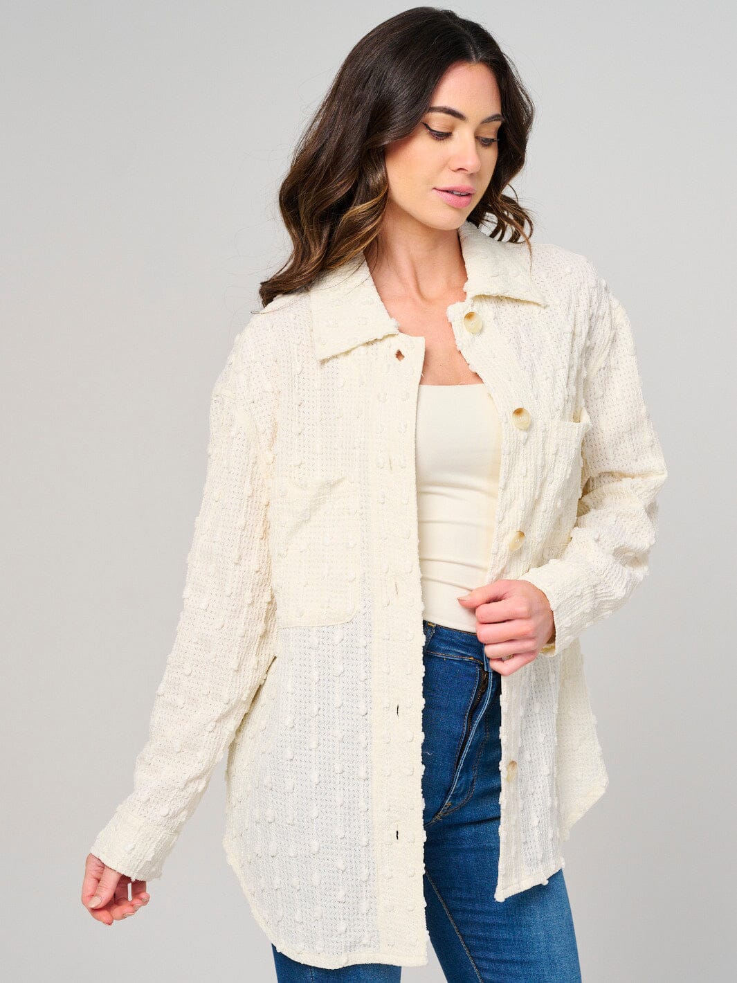 WOMEN'S LONG SLEEVE BUTTON UP SWISS DETAILED OVERSIZED TOP