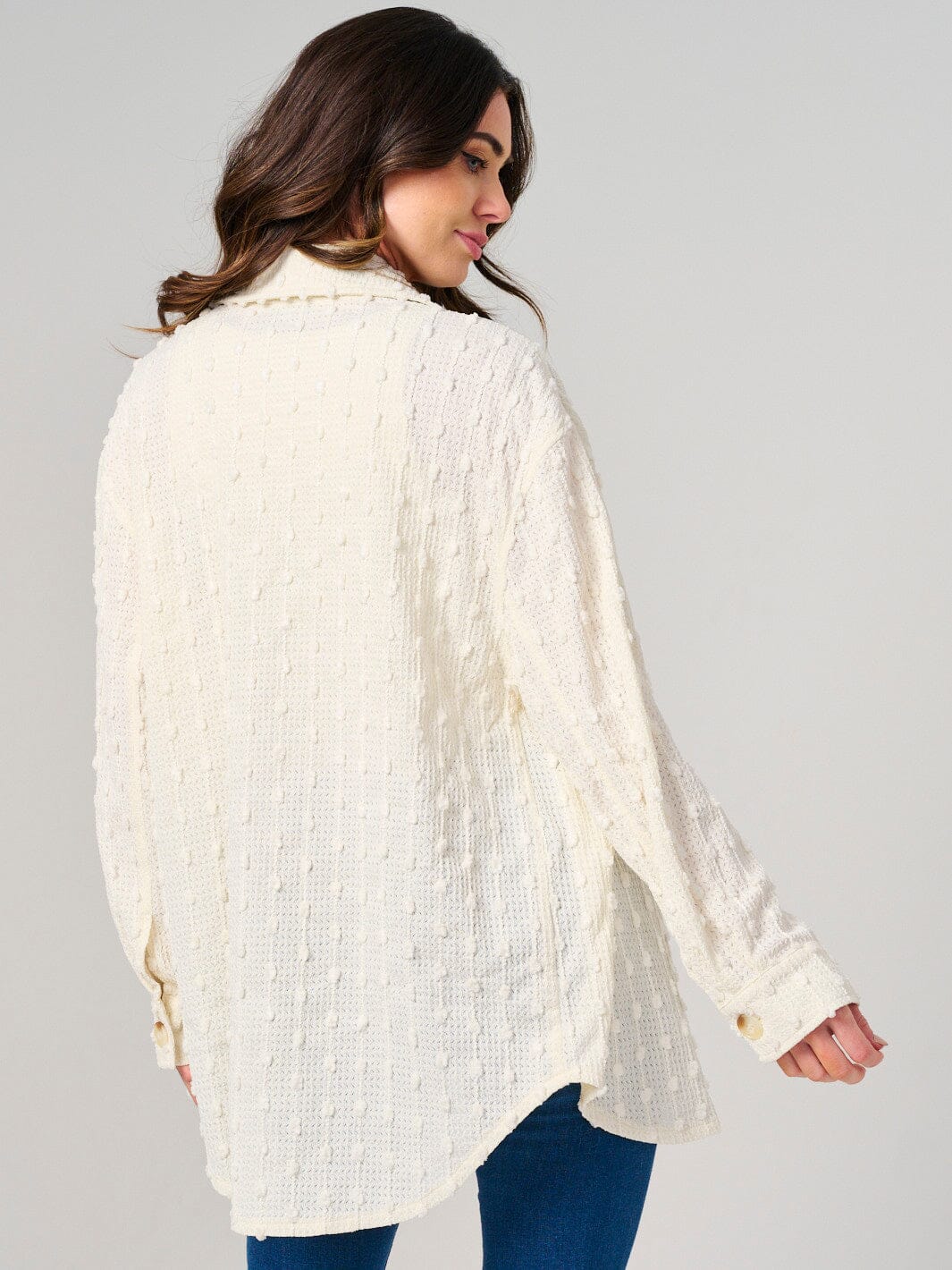 WOMEN'S LONG SLEEVE BUTTON UP SWISS DETAILED OVERSIZED TOP