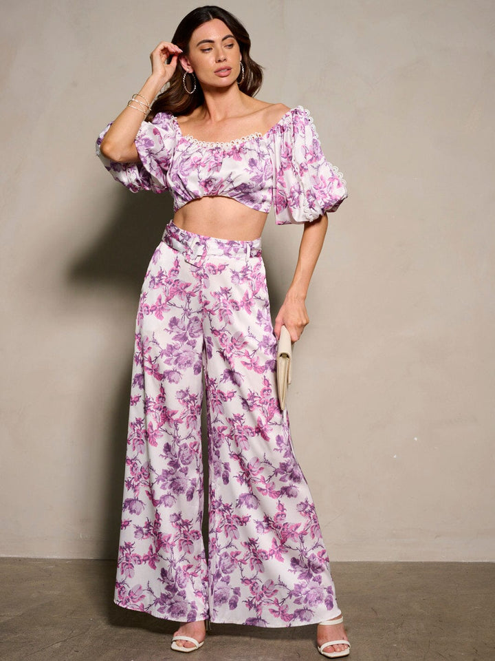 WOMEN'S SHORT SLEEVE CROP TOP & BELTED PANTS FLORAL 2PC. SET