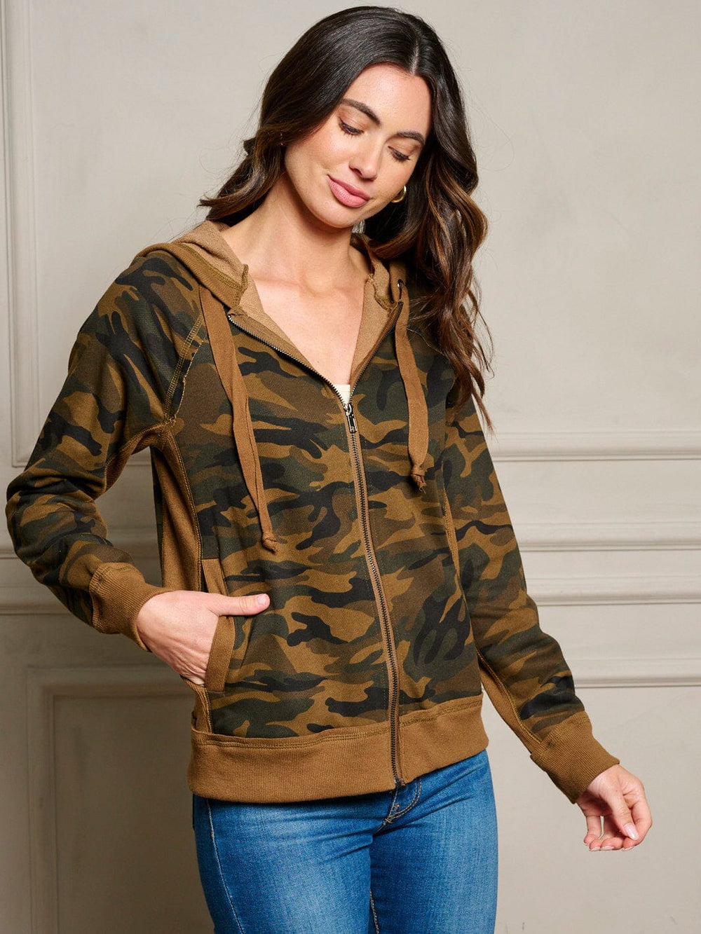 WOMEN'S LONG SLEEVE ZIP UP POCKETS HOODIE CAMO PRINT JACKET