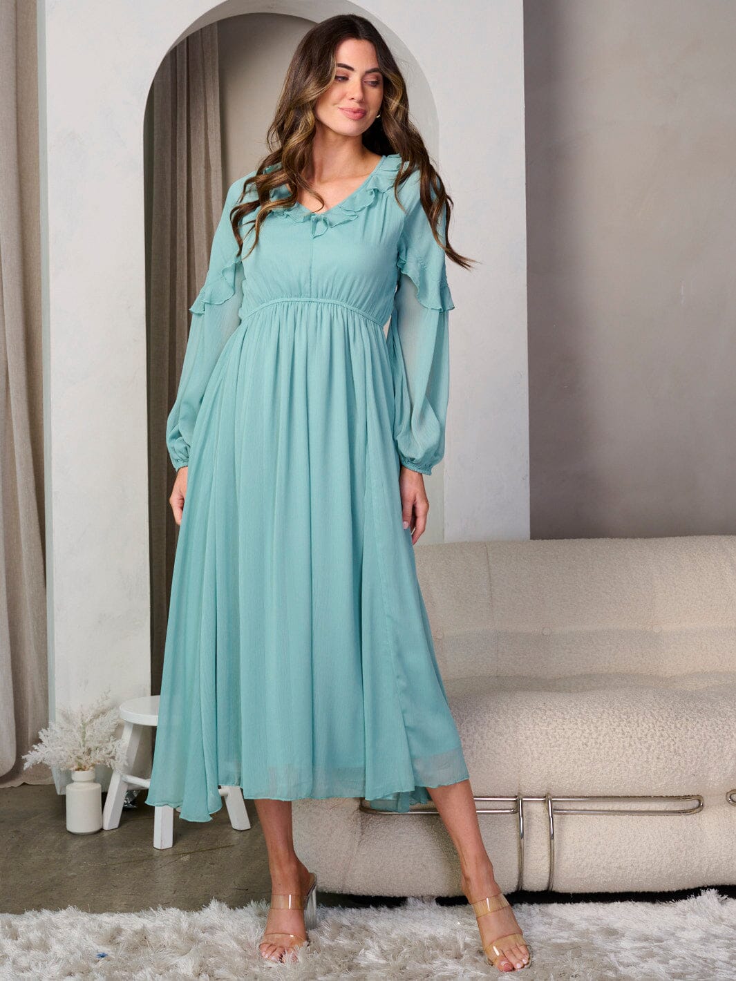 WOMEN'S LONG SLEEVE V-NECK RUFFLE ELASTIC WAIST MIDI DRESS