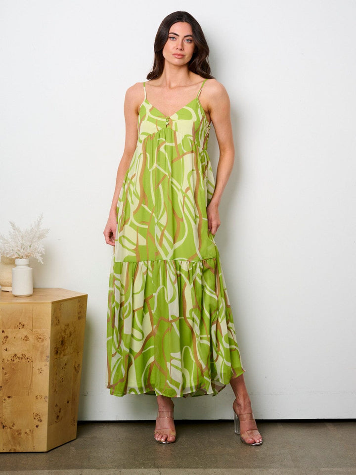 WOMEN'S SLEEVELESS V-NECK PRINTED TIERED MAXI DRESS