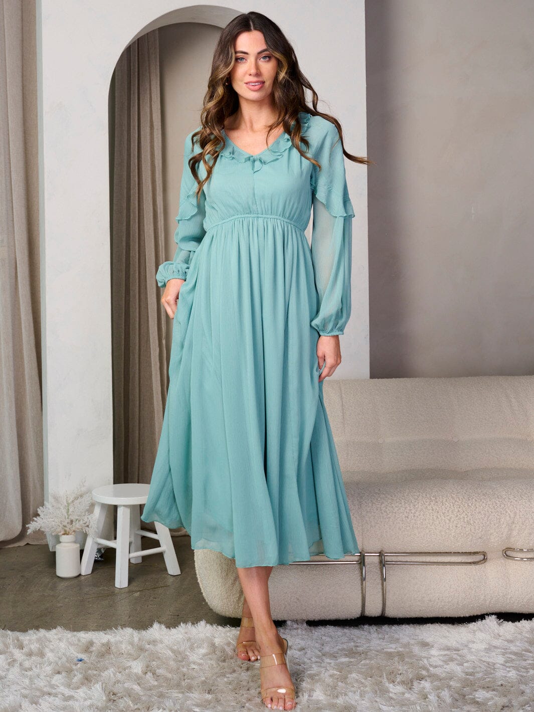 WOMEN'S LONG SLEEVE V-NECK RUFFLE ELASTIC WAIST MIDI DRESS