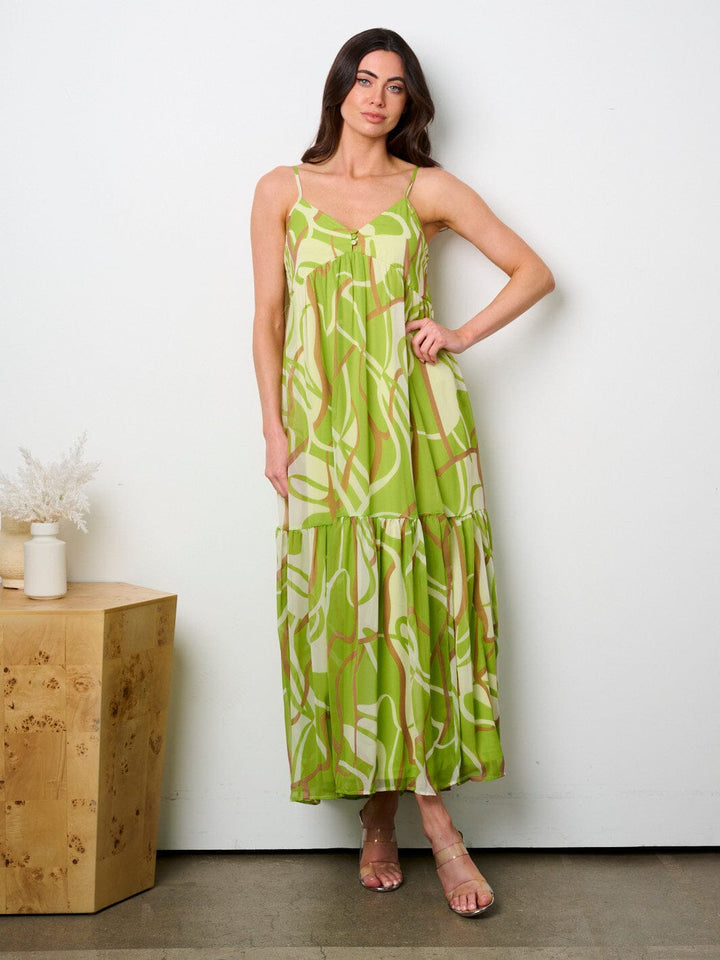 WOMEN'S SLEEVELESS V-NECK PRINTED TIERED MAXI DRESS