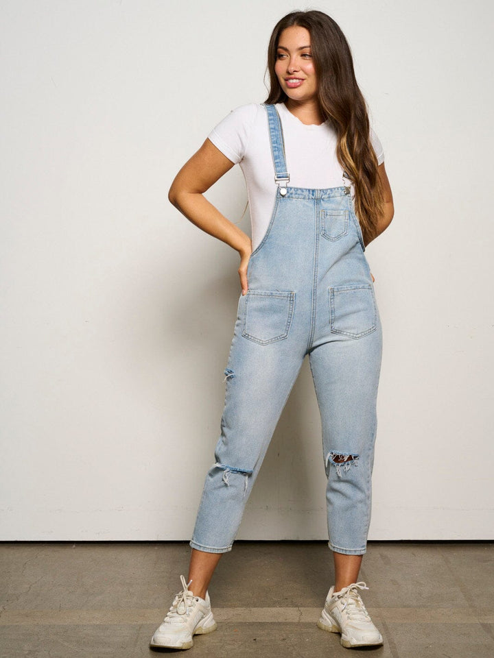 WOMEN'S SLEEVELESS POCKETS DISTRESSED DENIM OVERALL