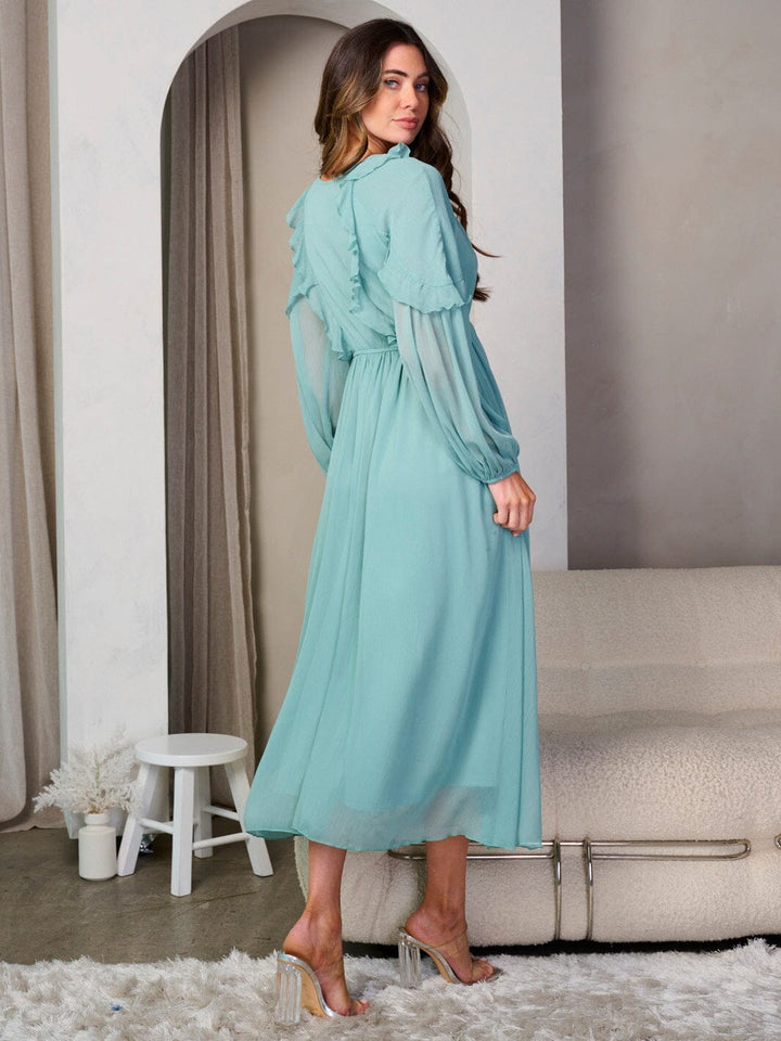 WOMEN'S LONG SLEEVE V-NECK RUFFLE ELASTIC WAIST MIDI DRESS