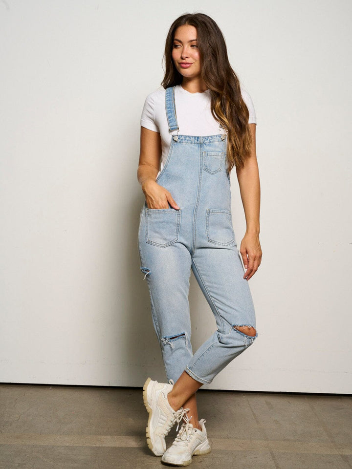 WOMEN'S SLEEVELESS POCKETS DISTRESSED DENIM OVERALL