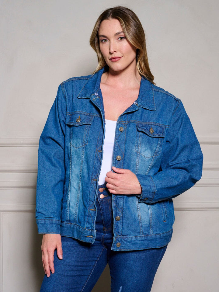 PLUS SIZE LONG SLEEVE PLAID DENIM JACKET
